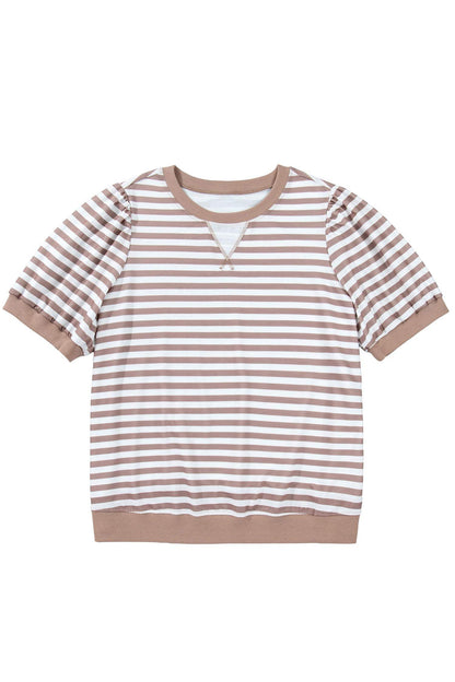 Orange Stripe Ribbed Trim Round Neck Short Puff Sleeve Plus T Shirt