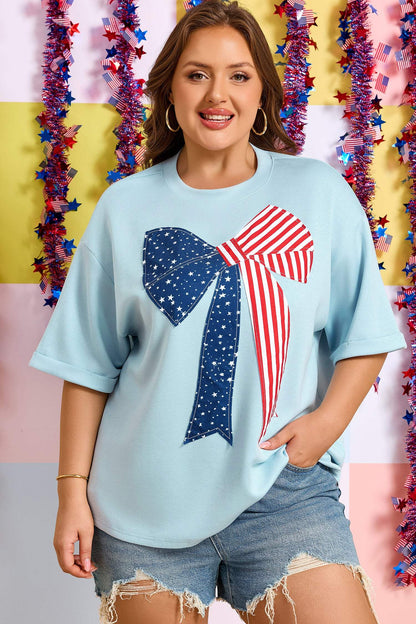 Beau Blue Plus Size Patriotic Bow Patchwork Graphic T-Shirt
