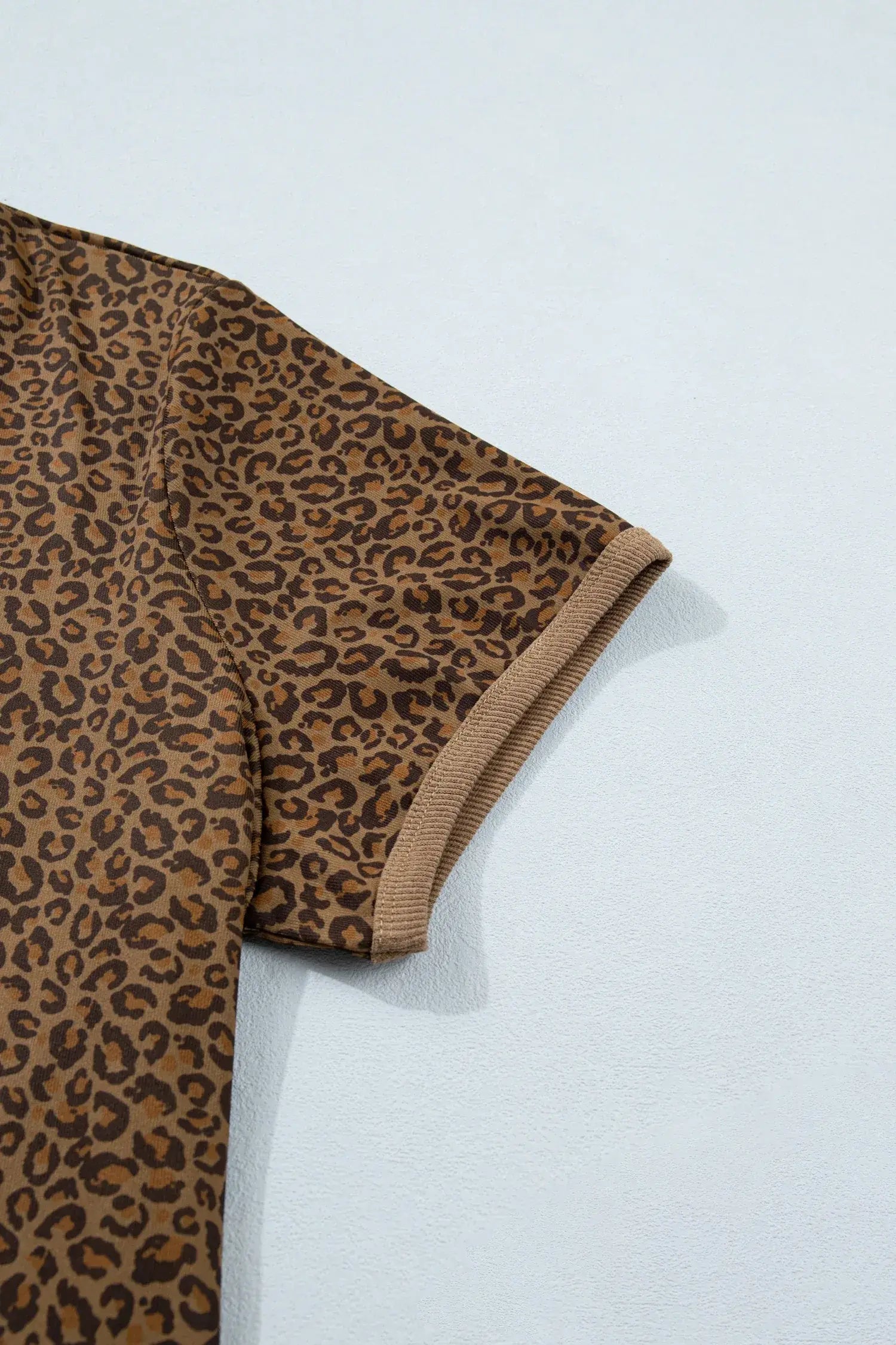 Khaki Plus Size Leopard Print Ribbed Trim Round Neck Tee - Sweet Fashion Wholesale