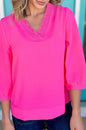 Sky Blue Frilled V Neckline Bracelet Sleeve Crinkled Blouse