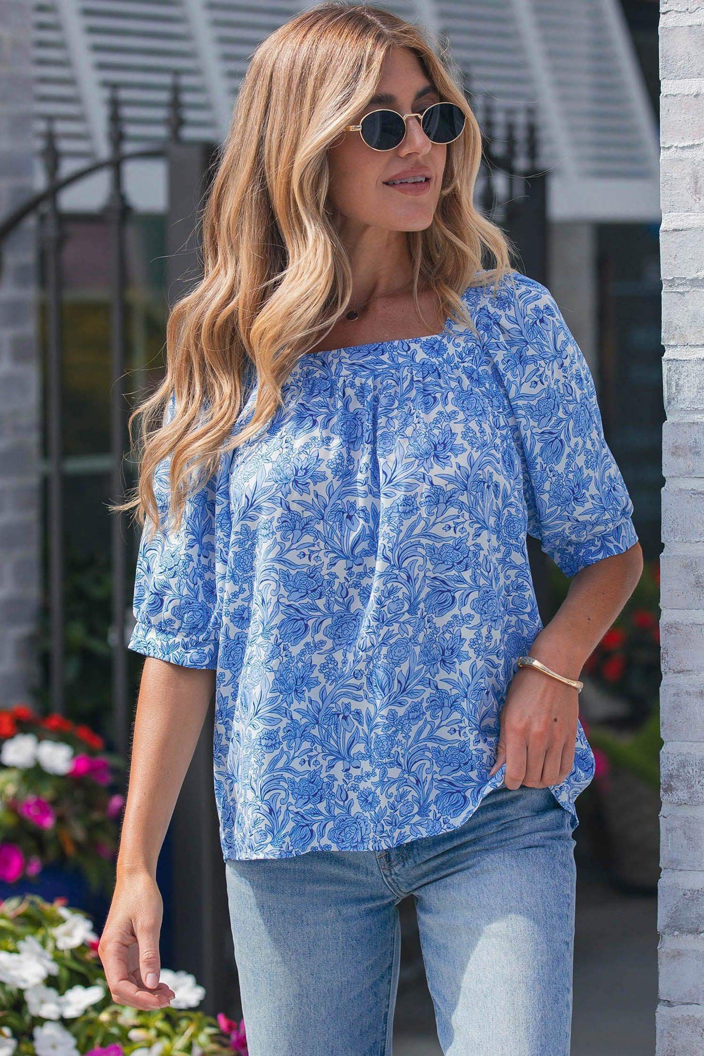 Sky Blue Square Neck Short Puff Sleeve Pleated Floral Blouse - Sweet Fashion Wholesale