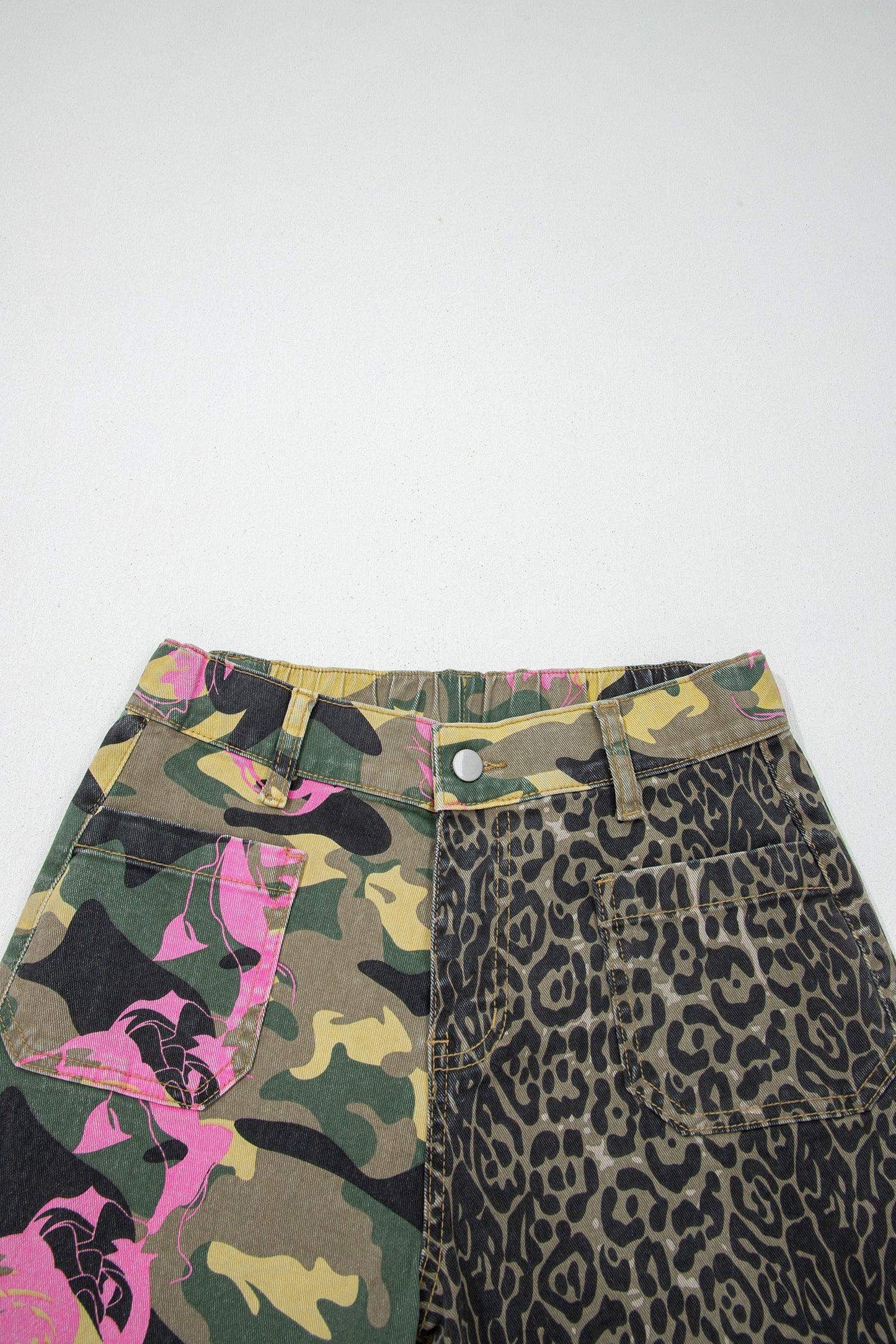 Multicolour Abstract Camouflage Print Contrast Leopard Patchwork Straight Leg Jeans - Sweet Fashion Wholesale