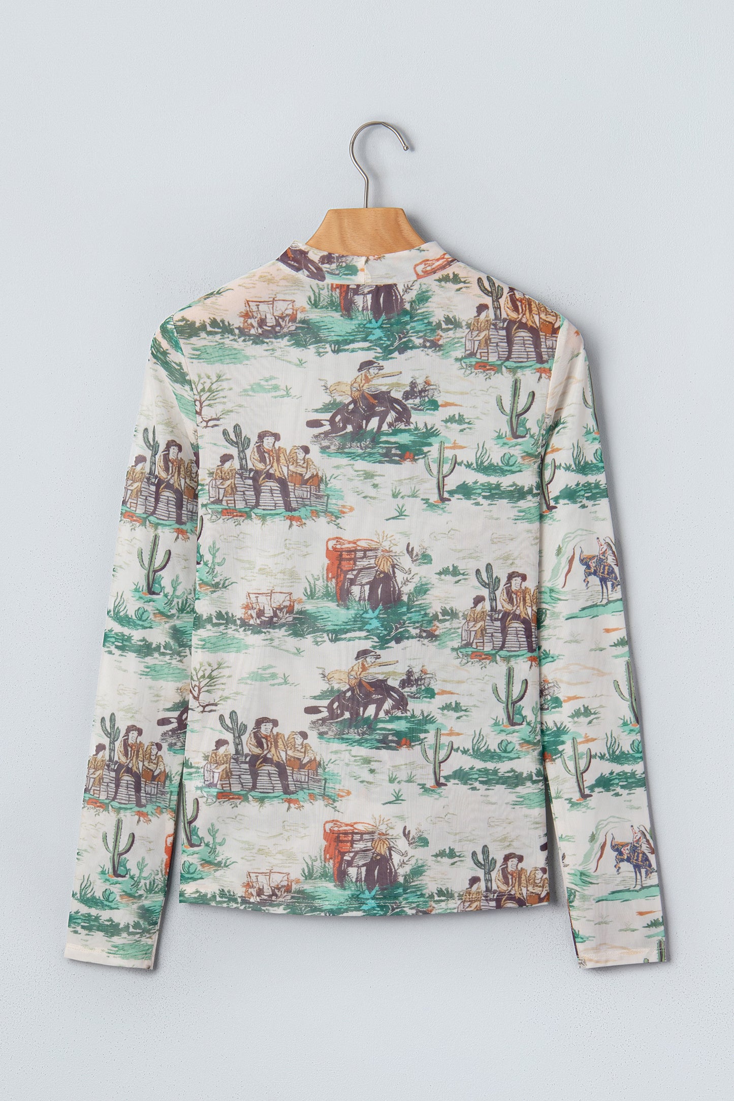 Green Western Print Long Sleeve Round Neck Slim Top