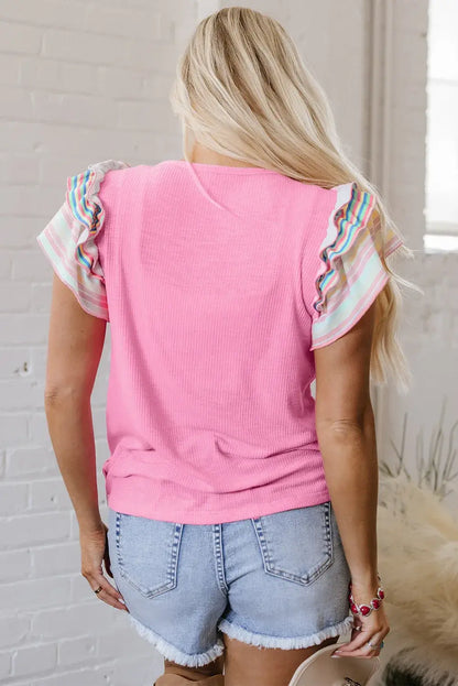 Bonbon Striped Ruffle Flutter Sleeve Ribbed Blouse