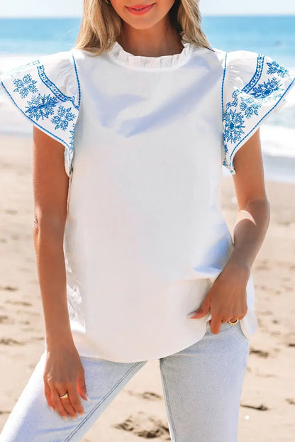 White Embroidered Ruffled Sleeve Frilled Collar Blouse