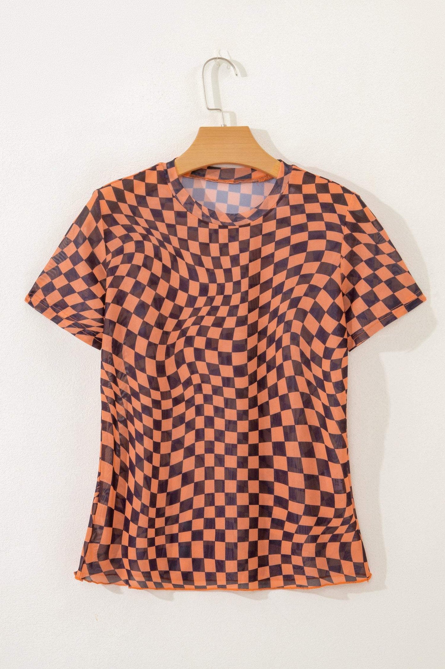 Orange Checkered Print Crew Neck Mesh T Shirt