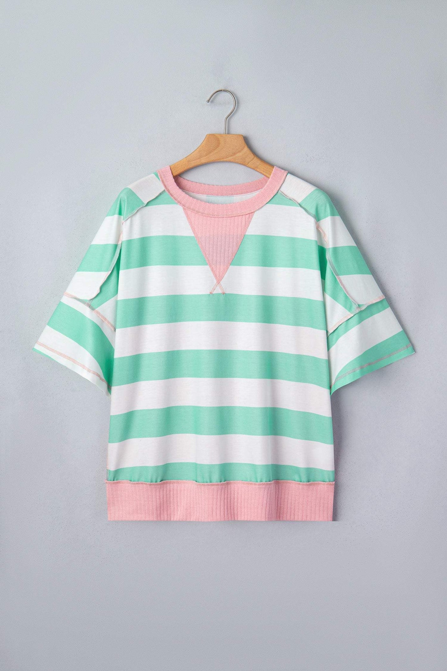 Green Stripe Exposed Seam Ribbed Patchwork Oversized Tee