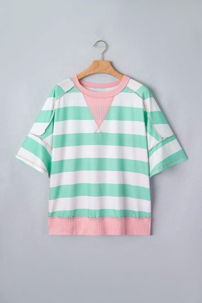 Green Stripe Exposed Seam Ribbed Patchwork Oversized Tee