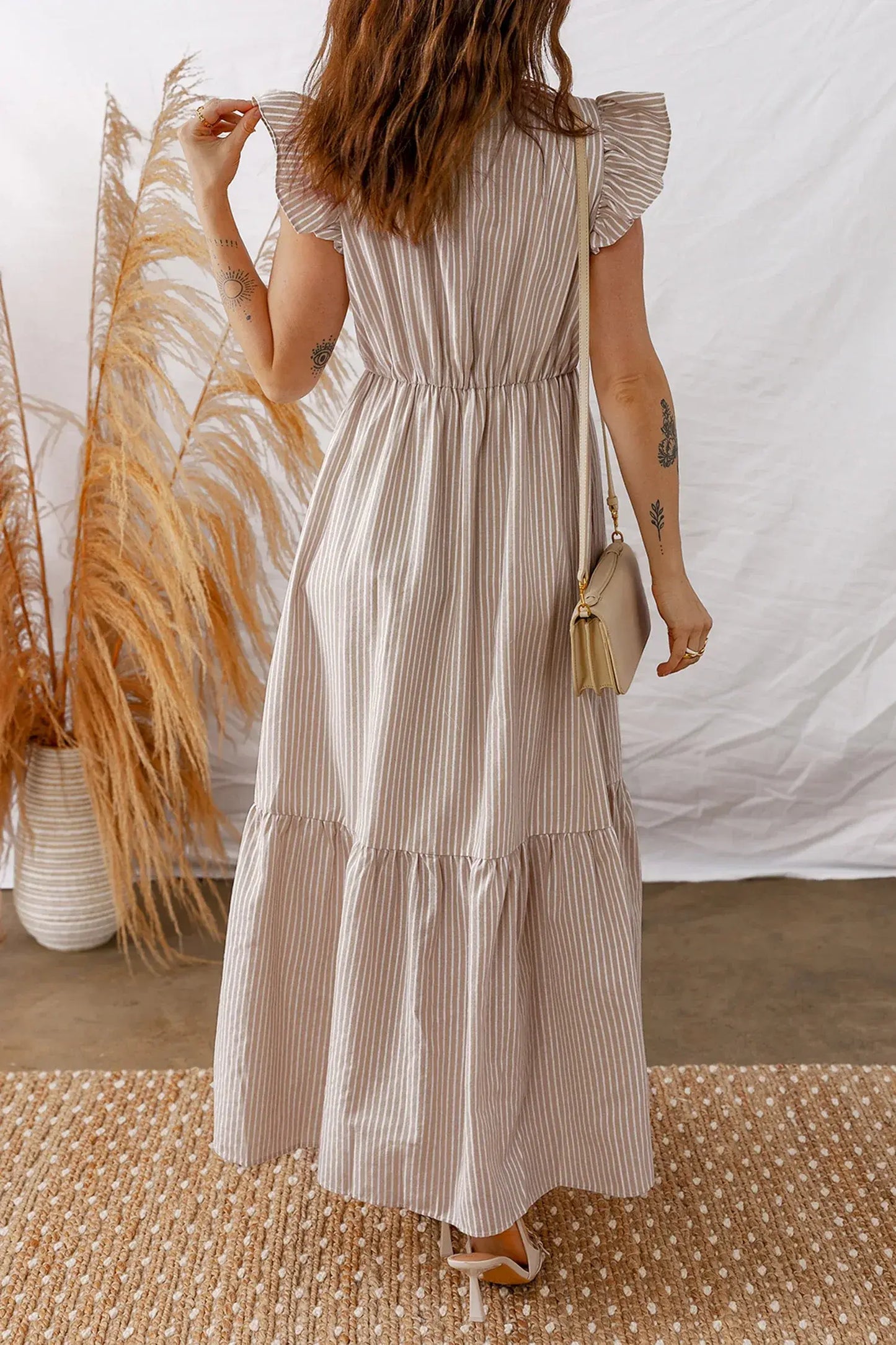 Khaki Stripe Flutter Sleeve Buttoned Front Slit Maxi Dress - Sweet Fashion Wholesale