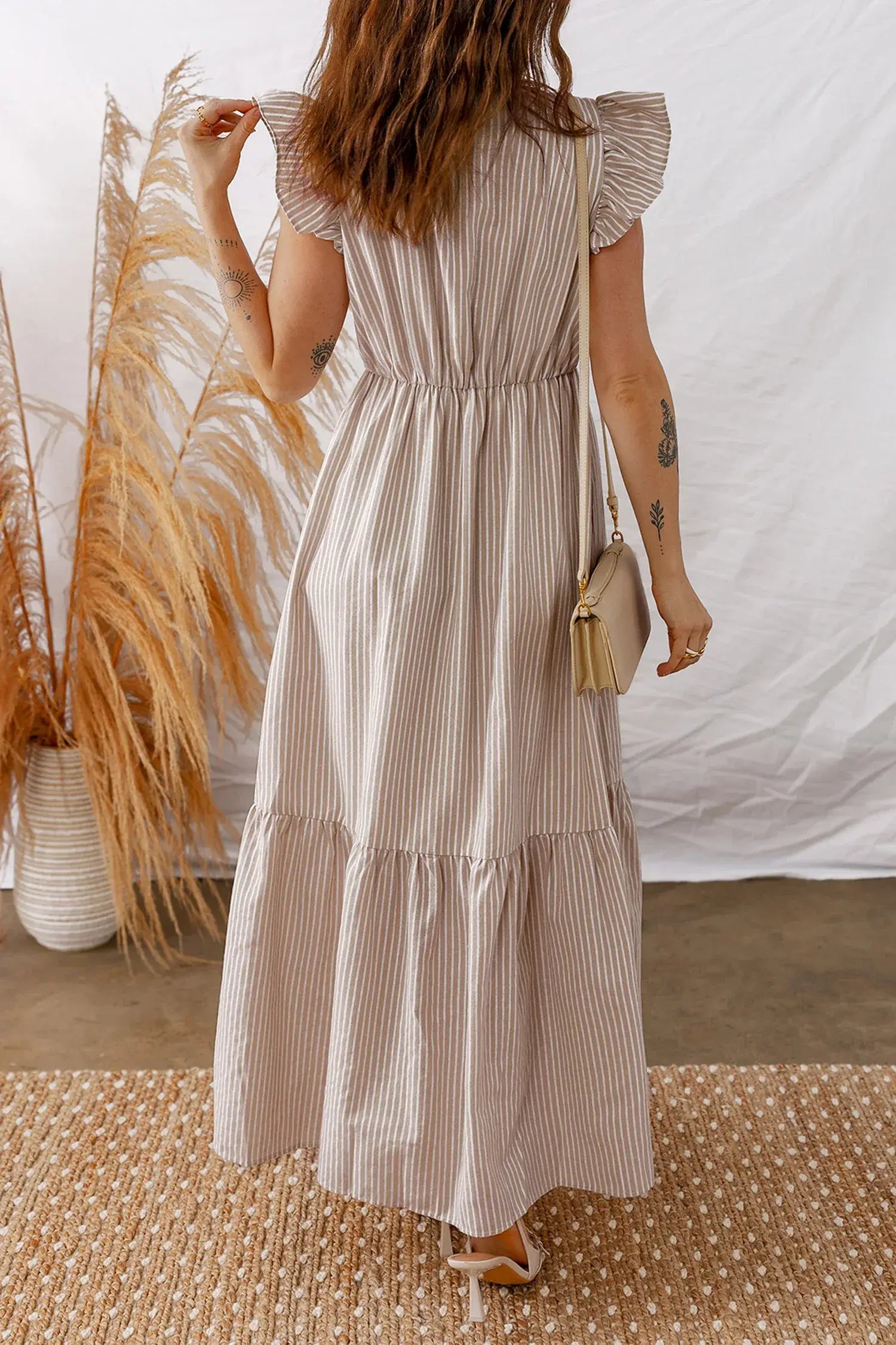 Khaki Stripe Flutter Sleeve Buttoned Front Slit Maxi Dress - Sweet Fashion Wholesale