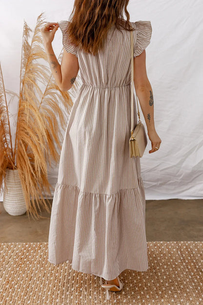 Khaki Stripe Flutter Sleeve Buttoned Front Slit Maxi Dress - Sweet Fashion Wholesale