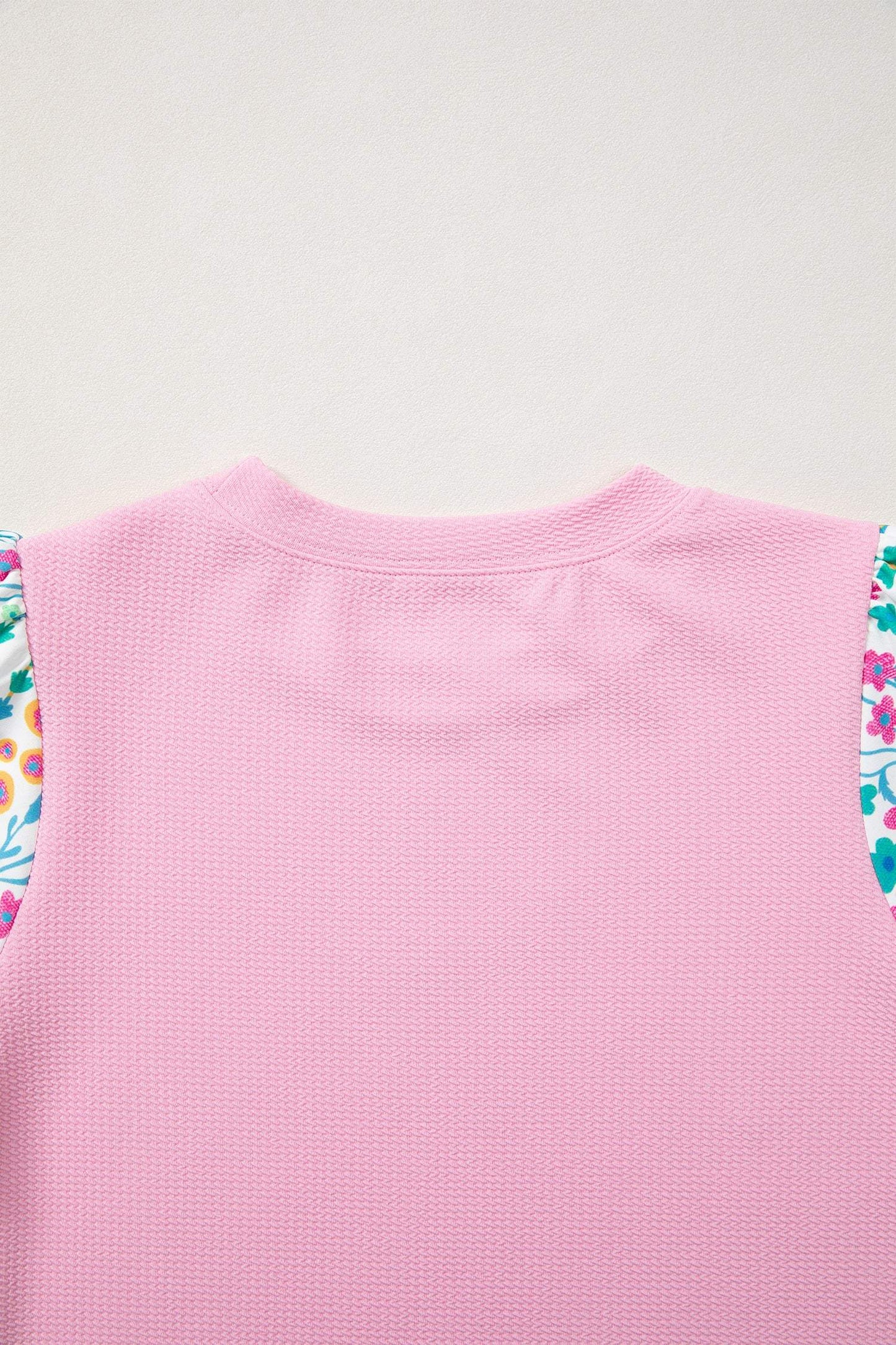 Pink Round Neck Textured Contrast Floral Bubble Sleeve Blouse