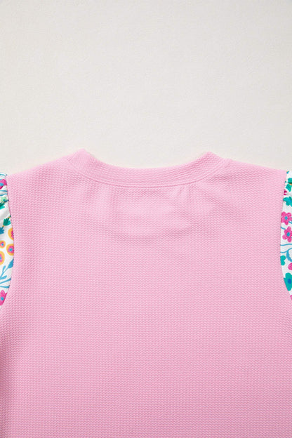 Pink Round Neck Textured Contrast Floral Bubble Sleeve Blouse