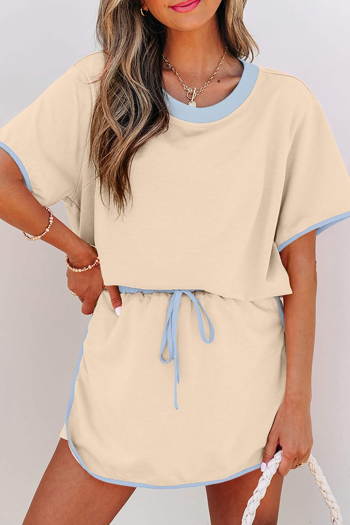 Apricot Colorblock Edge Drop Shoulder T Shirt and Skort 2Pcs Set