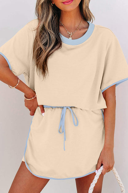 Apricot Colorblock Edge Drop Shoulder T Shirt and Skort 2Pcs Set