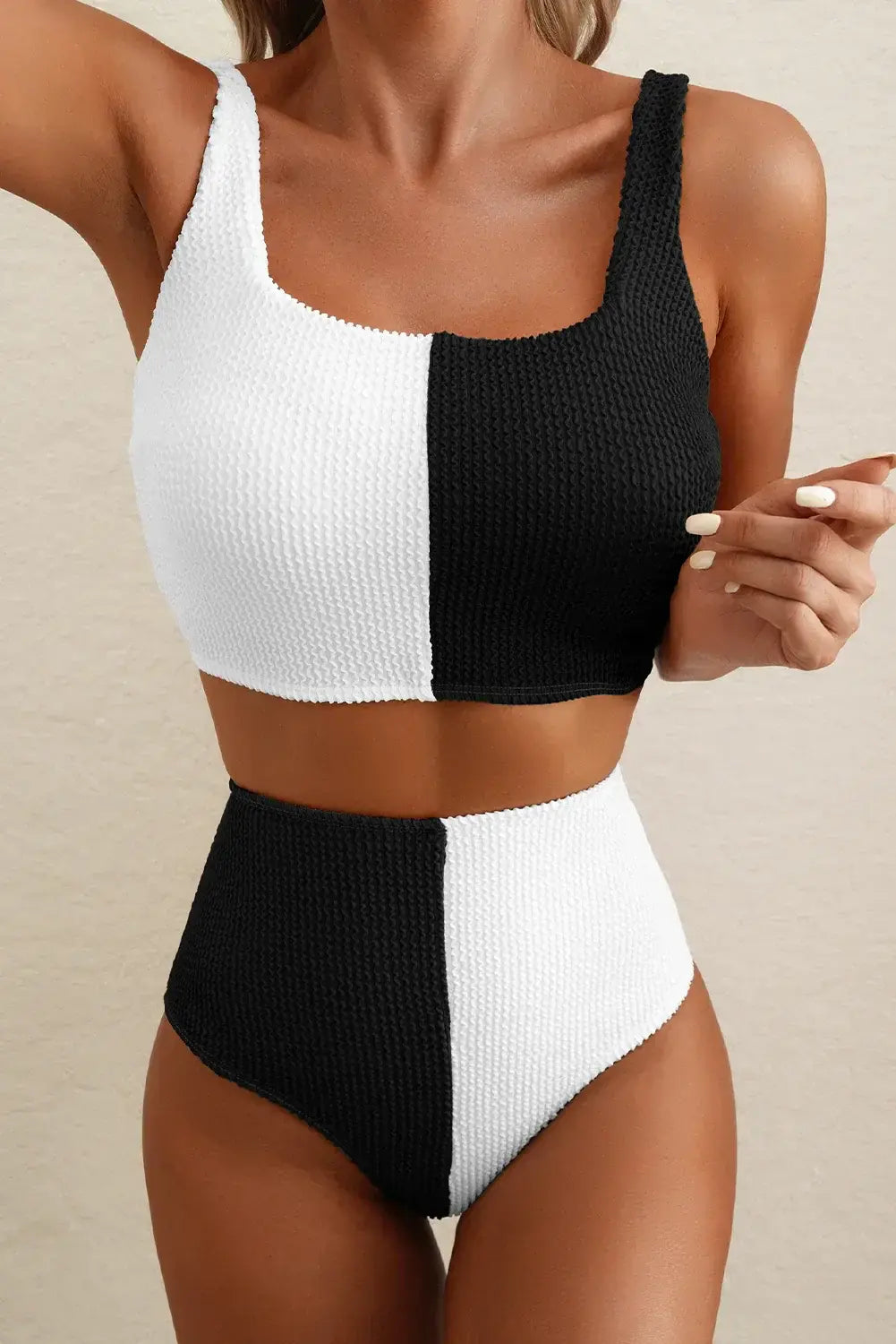 White Corded Colorblock Square Neck Bikini Swimsuit - Sweet Fashion Wholesale