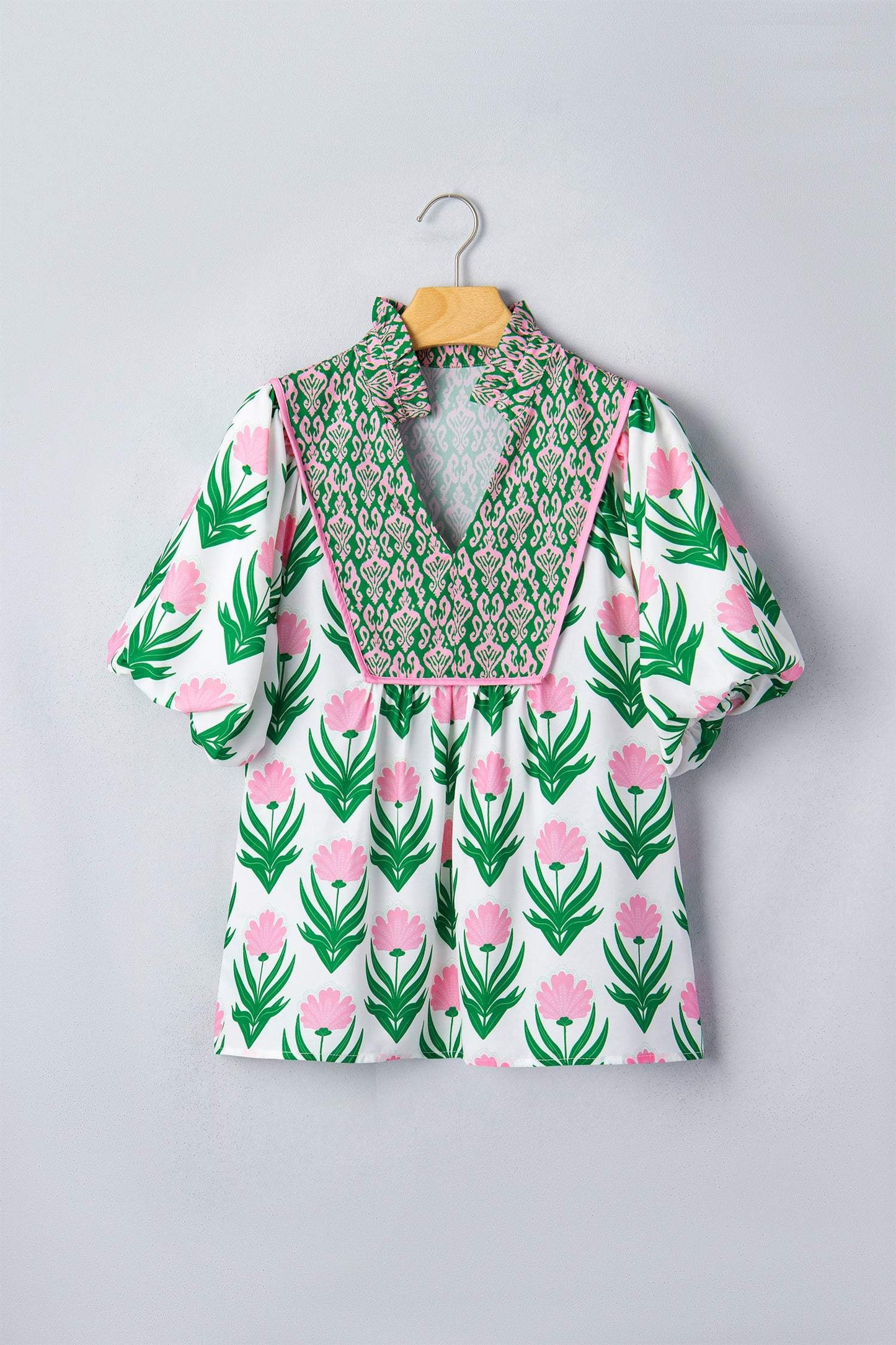 Multicolour Floral Print Puff Sleeve Contrast Bordered V Neck Blouse