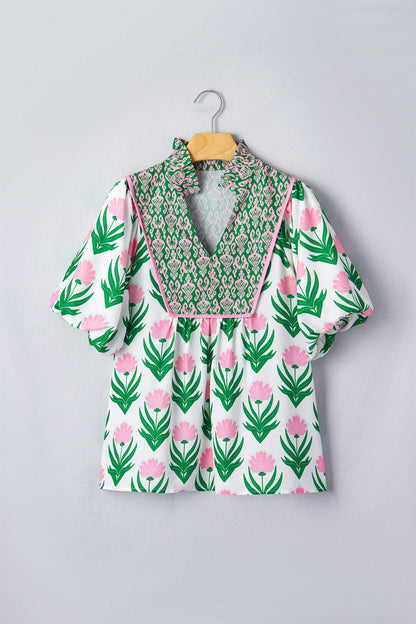 Multicolour Floral Print Puff Sleeve Contrast Bordered V Neck Blouse
