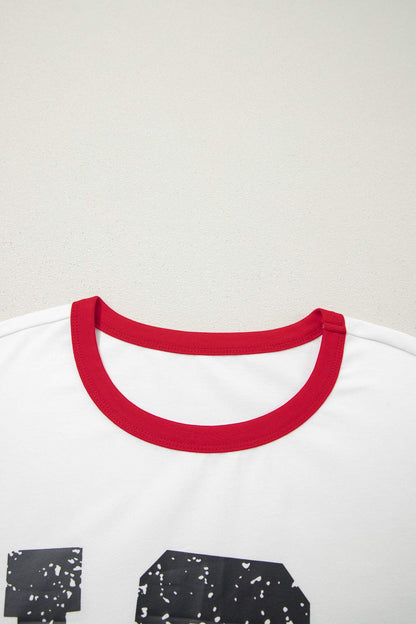 White USA Letter Printed Varsity Striped Sleeve Round Neck Tee