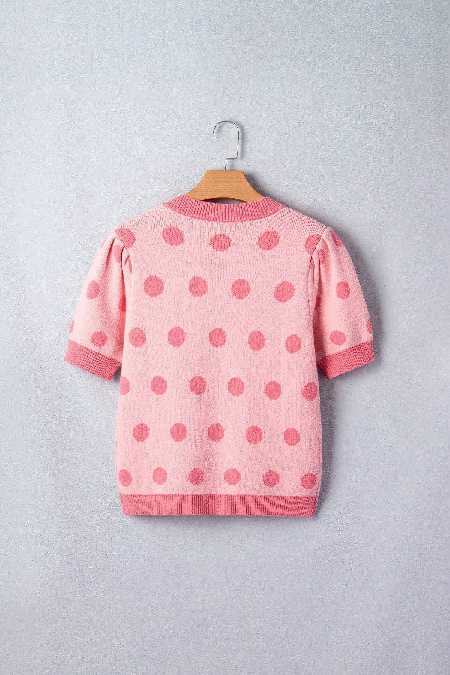 Pink Polka Dot Puff Short Sleeve Sweater Top - Sweet Fashion Wholesale
