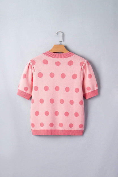 Pink Polka Dot Puff Short Sleeve Sweater Top - Sweet Fashion Wholesale