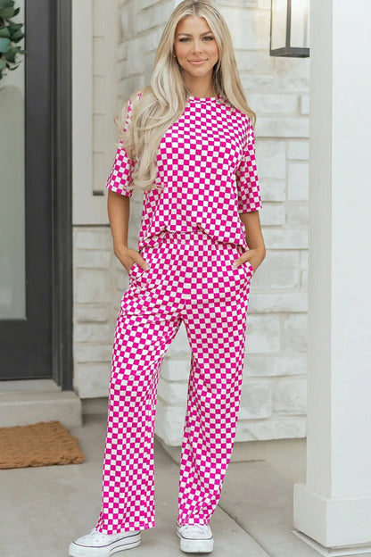 Khaki Checkered Print Half Sleeve Tee 2pcs Lounge Pant Set - Sweet Fashion Wholesale