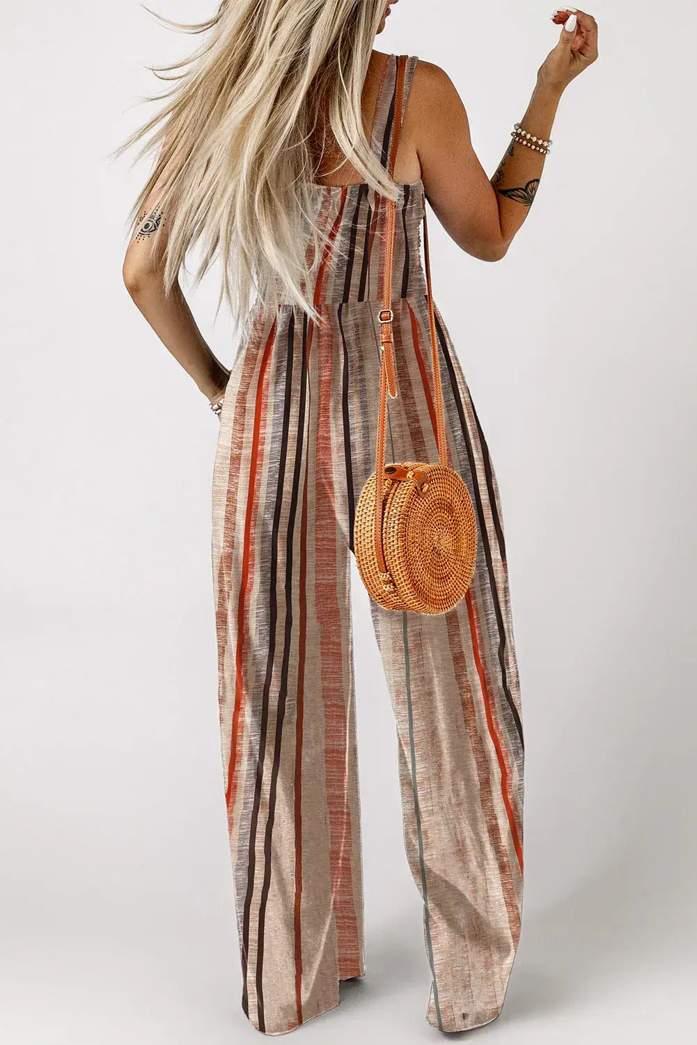 Yellow Stripe Square Neck Sleeveless Smocked Bodice Wide Leg Jumpsuit - Sweet Fashion Wholesale