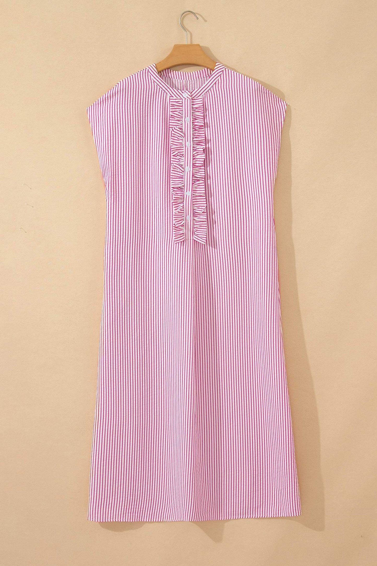 Red Stripe Frilled Detail Half Buttons Short Sleeve Long Dress