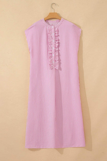 Red Stripe Frilled Detail Half Buttons Short Sleeve Long Dress