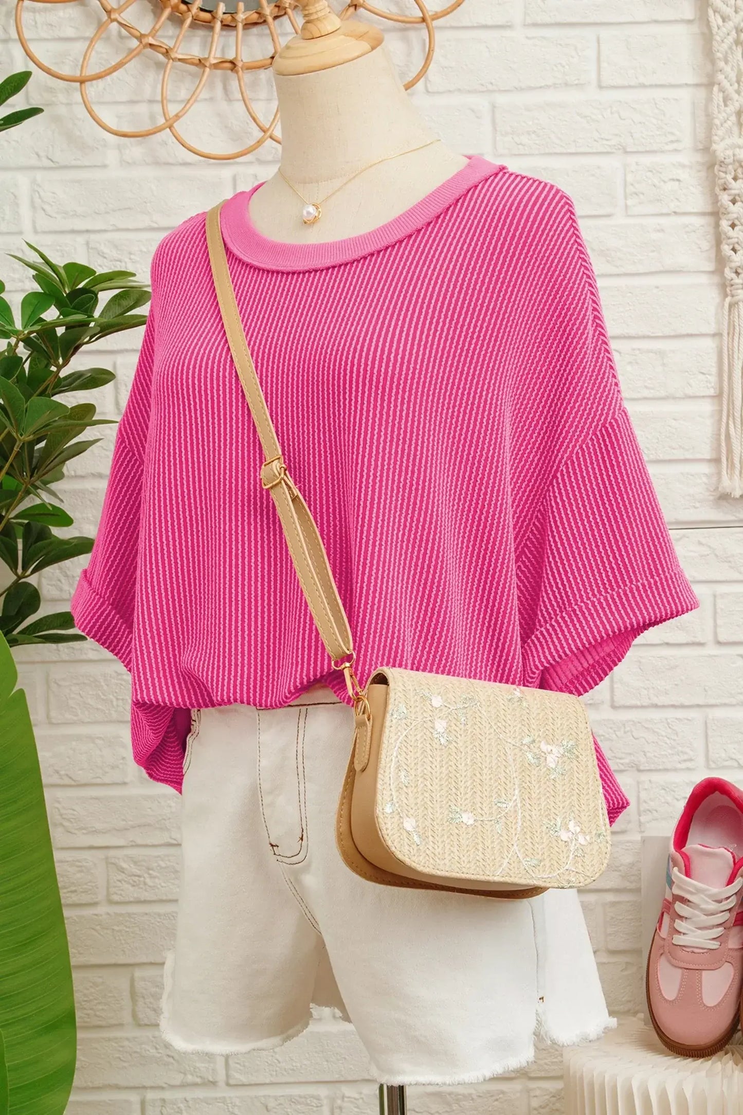 Rose Red Spiral Ribbed Cutout Bow Knot Back Oversize T Shirt - Sweet Fashion Wholesale