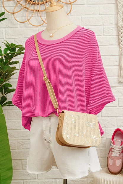 Rose Red Spiral Ribbed Cutout Bow Knot Back Oversize T Shirt - Sweet Fashion Wholesale