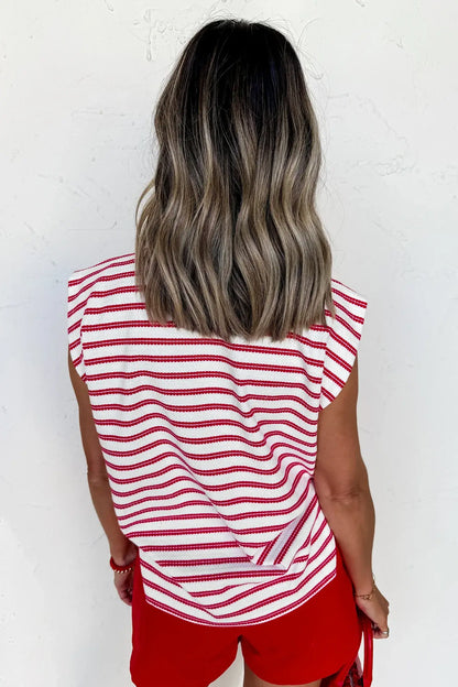 Red Stripe Textured Knit Button Detail Short Sleeve Casual Tee - Sweet Fashion Wholesale