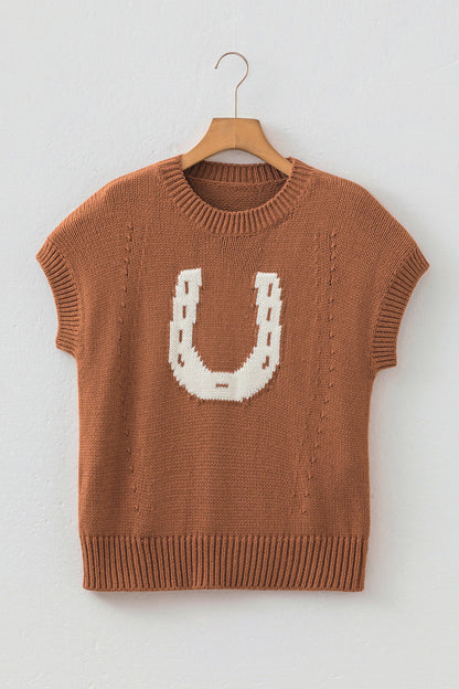 Chestnut Western Horseshoe Pattern Short Sleeve Knit Sweater