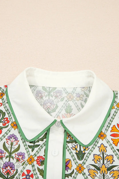 Green Short Bubble Sleeve Floral Shirt - Sweet Fashion Wholesale