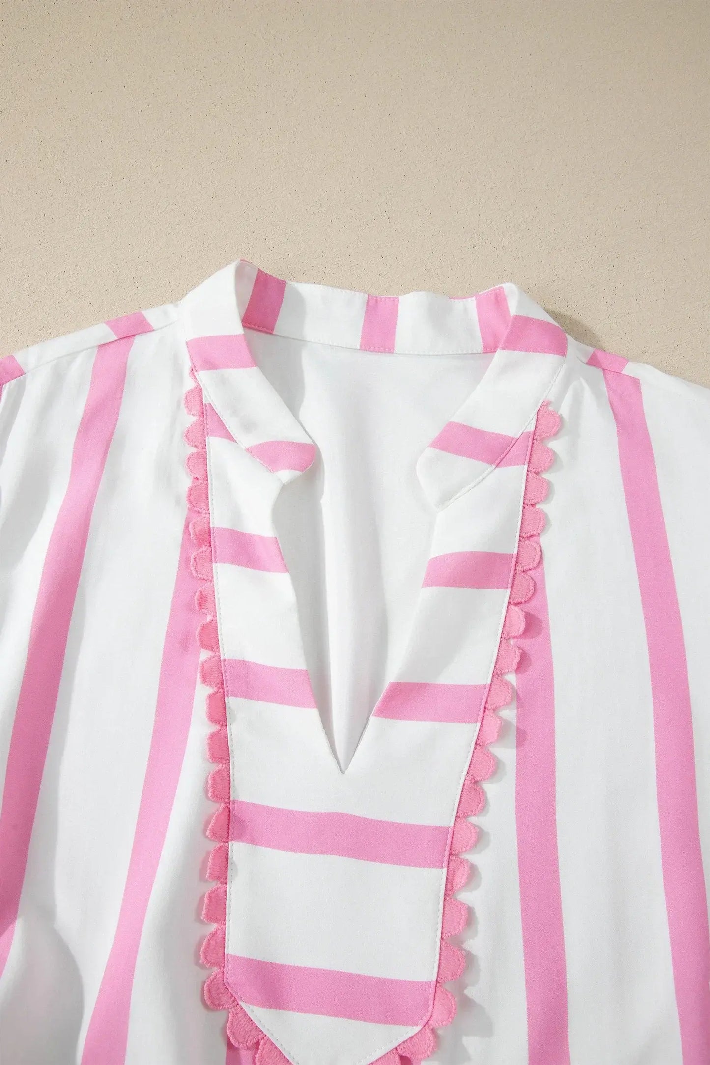 Pink Stripe Plus Size V Neck Short Puff Sleeve Tiered Maxi Dress - Sweet Fashion Wholesale