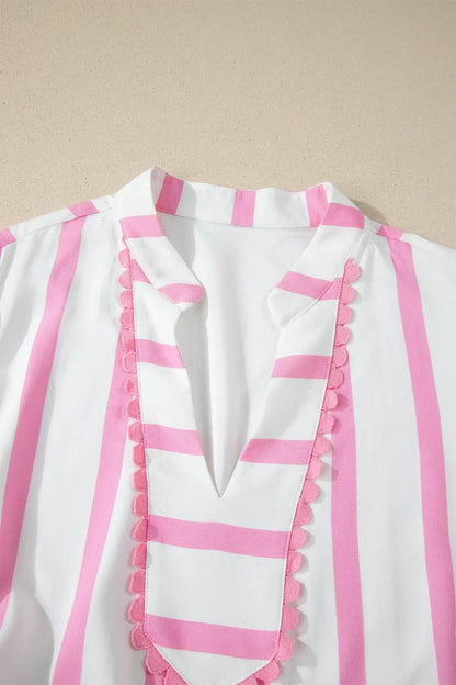 Pink Stripe Plus Size V Neck Short Puff Sleeve Tiered Maxi Dress - Sweet Fashion Wholesale