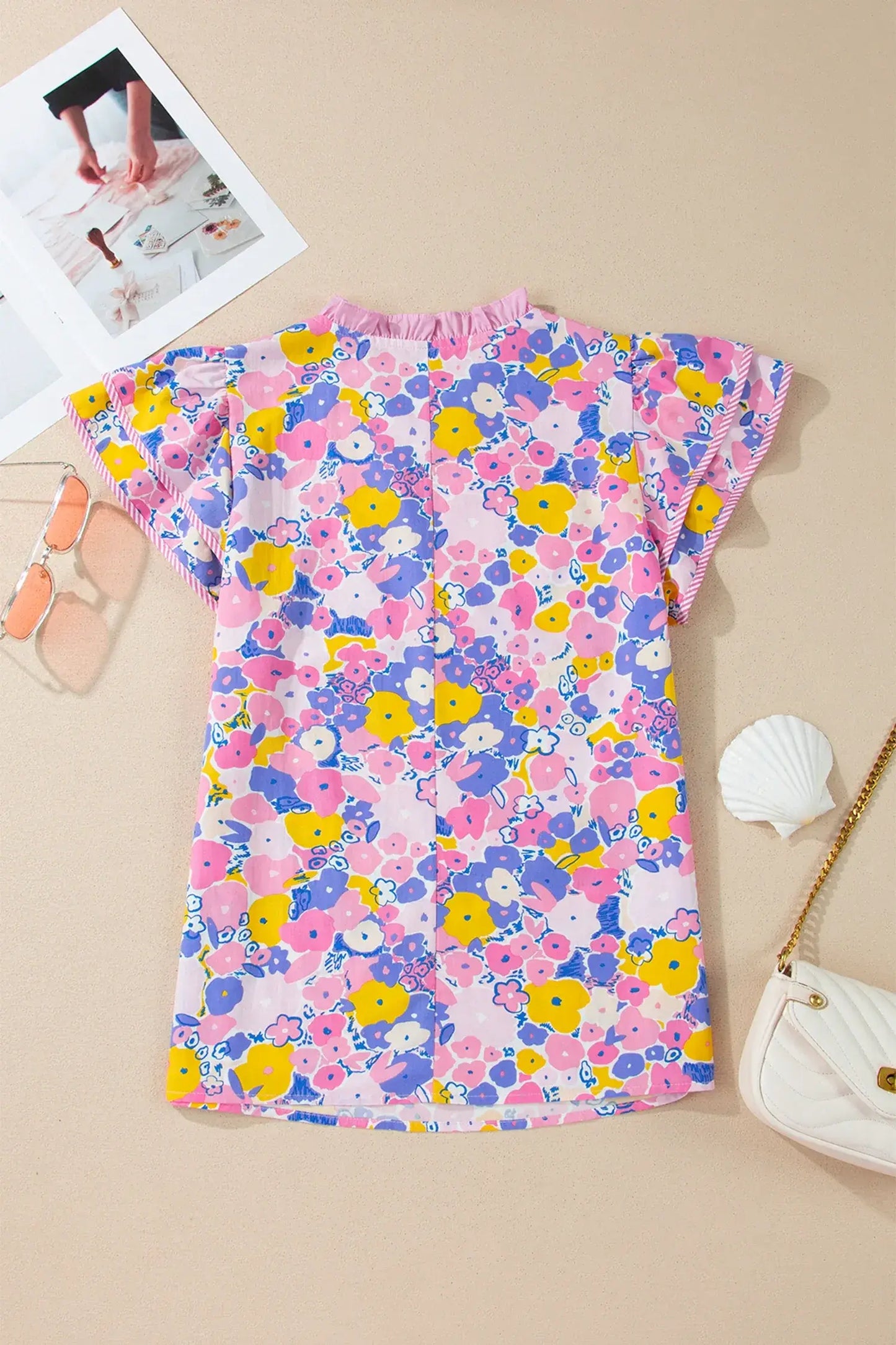 Pink Playful Floral Print Striped Color Block Patchwork V Neck Flutter Sleeve Blouse - Sweet Fashion Wholesale