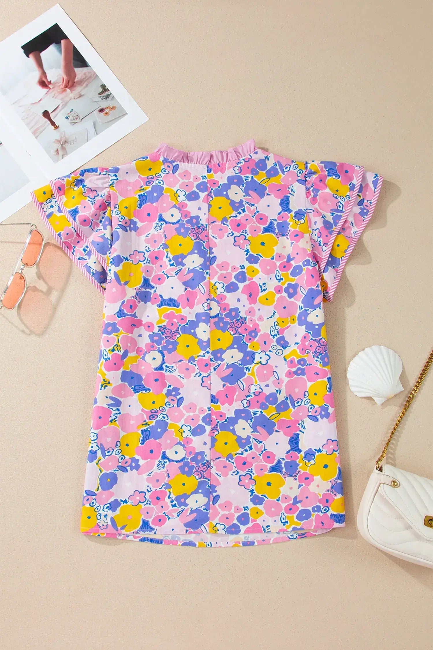 Pink Playful Floral Print Striped Color Block Patchwork V Neck Flutter Sleeve Blouse - Sweet Fashion Wholesale