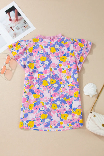 Pink Playful Floral Print Striped Color Block Patchwork V Neck Flutter Sleeve Blouse - Sweet Fashion Wholesale