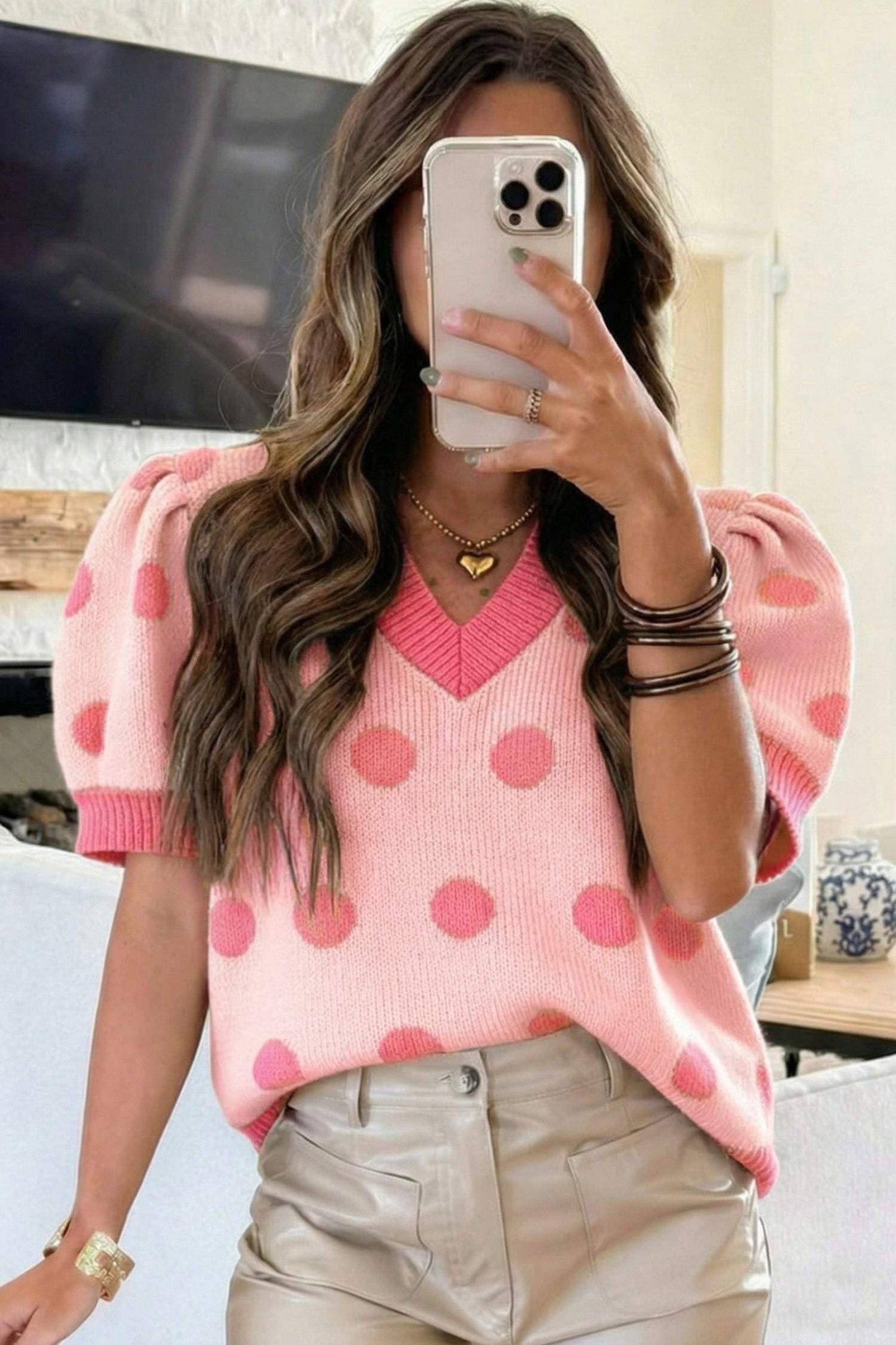 Pink Polka Dot Puff Short Sleeve Sweater Top