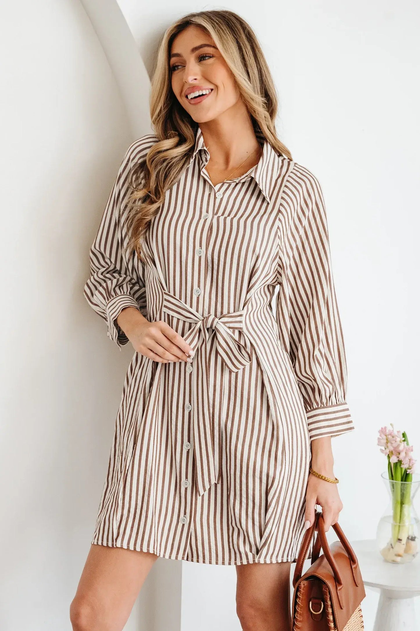 Brown Stripe Knot Waist Puff Sleeve Button Down Mini Shirt Dress
