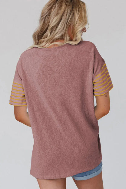 Red Dahlia Color Block Striped Detail Loose T Shirt - Sweet Fashion Wholesale