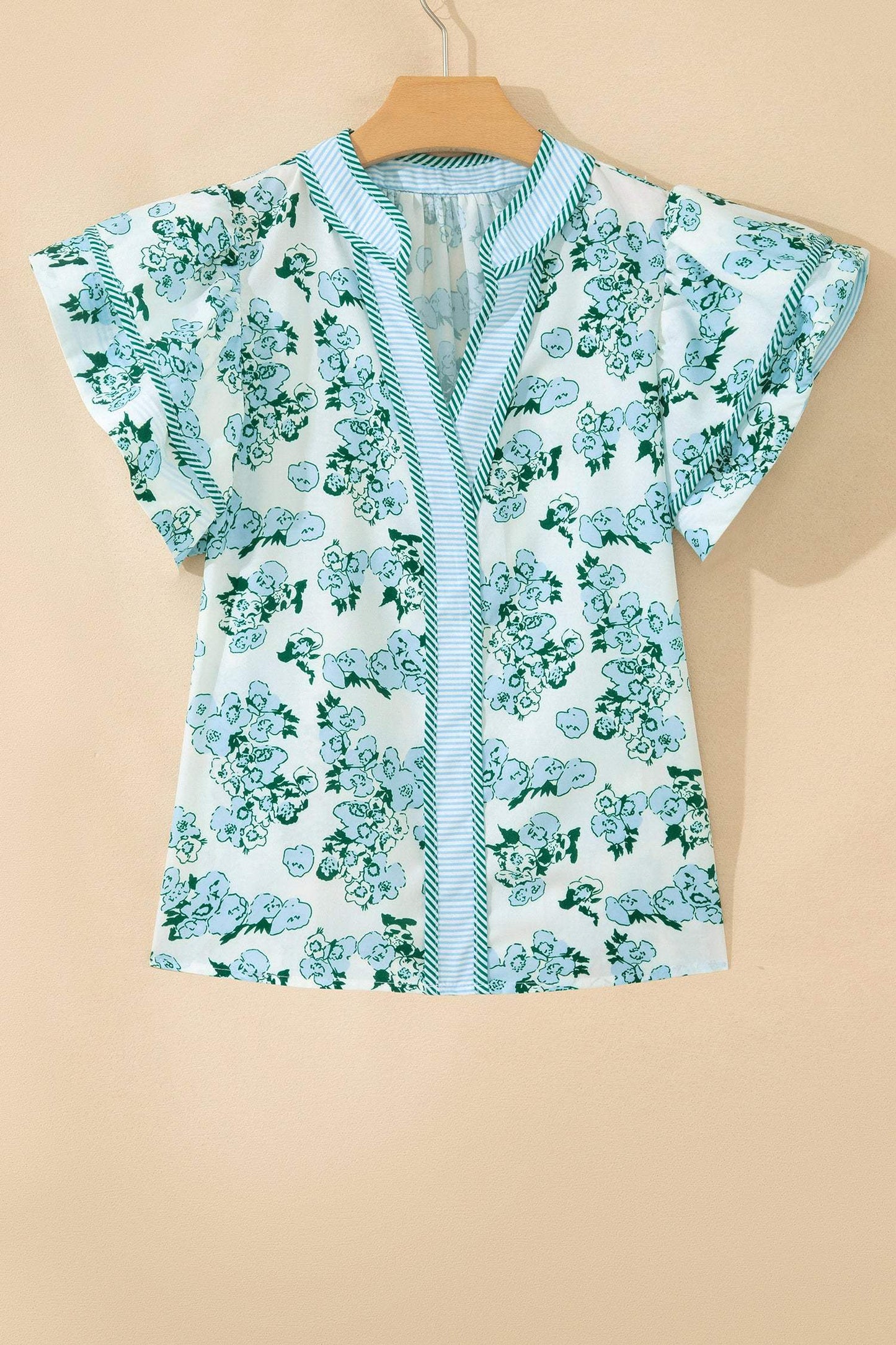 Green Floral Meets Stripes V Neck Flutter Sleeve Blouse