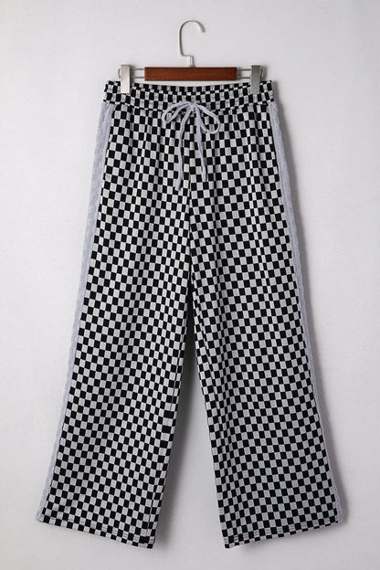 White Checkerboard Drawstring Waist Casual Pants - Sweet Fashion Wholesale