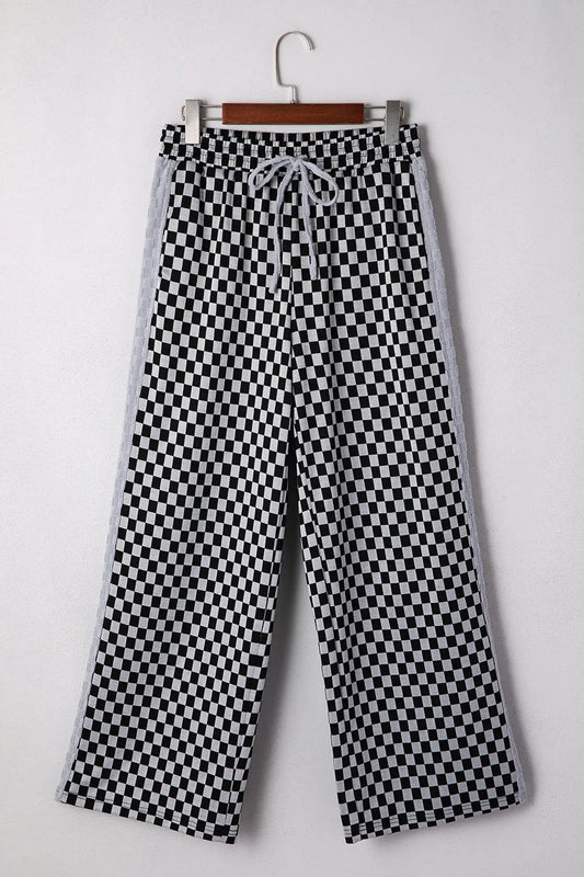 White Checkerboard Drawstring Waist Casual Pants - Sweet Fashion Wholesale
