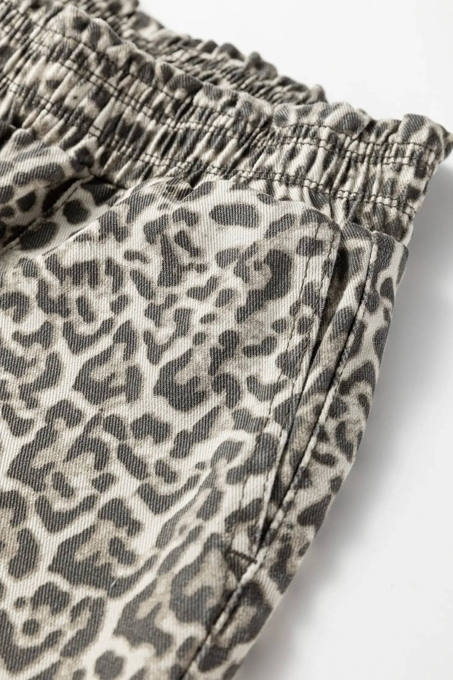 Brown Leopard Print Raw Hem Elastic Waist Loose Pull On Jeans - Sweet Fashion Wholesale