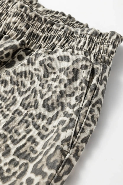 Brown Leopard Print Raw Hem Elastic Waist Loose Pull On Jeans - Sweet Fashion Wholesale
