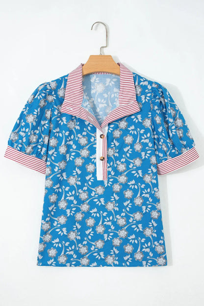Blue Retro Floral Print Striped Trim Button Neck Short Sleeve Blouse - Sweet Fashion Wholesale