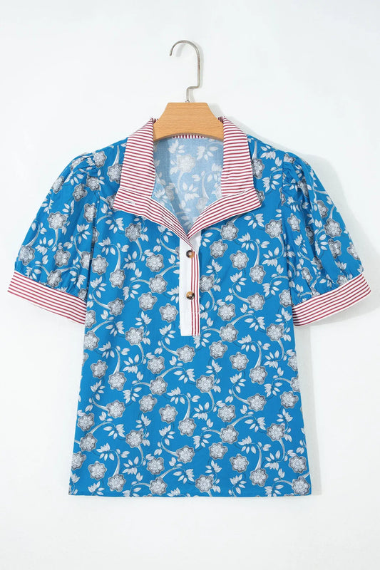 Blue Retro Floral Print Striped Trim Button Neck Short Sleeve Blouse - Sweet Fashion Wholesale