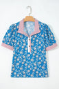 Blue Retro Floral Print Striped Trim Button Neck Short Sleeve Blouse - Sweet Fashion Wholesale